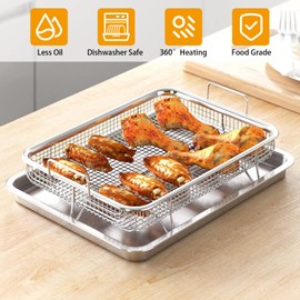 2PCS Stainless Steel Crisper Tray and Basket,13"x9.6"x3.1" Oven Air Fryer Pan Mesh Basket Set,Deluxe Non-Stick Crisper Oven Tray for Baking and Crispy Chicken,French Fries and Onion Rings