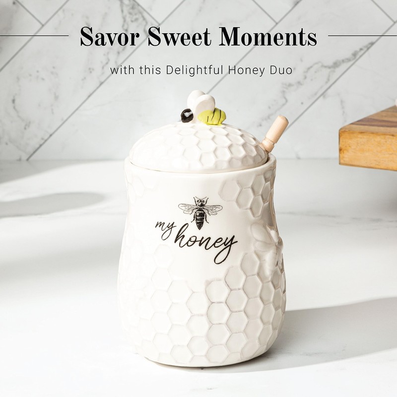 Young's Inc. Ceramic Honey Jar with Wooden Honey Dipper -