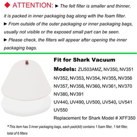 Dttery 3 Foam & Felt Filters Kit Replacement for Shark Navigator Lift-Away Vacuum NV350, NV351, NV352, NV355, NV356, NV356E, NV357, NV360, NV370, NV391, UV440, UV490, UV540 Part XFF350