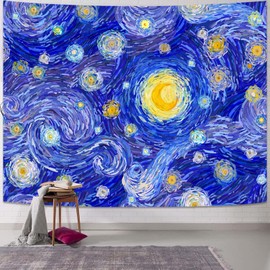 Accnicc Starry Night Tapestry Vincent Van Gogh Wall Tapestries Aesthetic Abstract Star Blue Sky Oil Painting Landscape Ceiling Hippie Tapestrys for Bedroom Living Room Dorm 80 x 60 Inch
