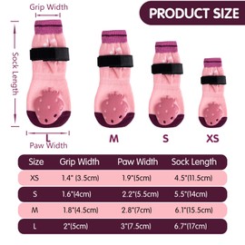 EASY JOY 3 Pairs Anti Slip Dog Socks - Adjustable Straps, Dog Paw Socks with Grips, Pink Strawberry Pattern, Size M