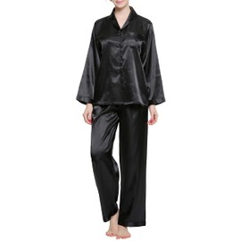 Lavenderi Women's Long Sleeve Premium Satin Pajama Set (Large, Solid Black)