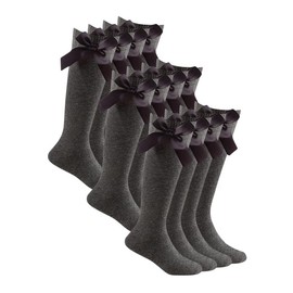 ShopMCR 6 Pack Girls Knee High Socks – Cotton Ribbon Bow Long School Socks, Perfect for Back to School, Uniform, Parties & Daily Wear (6P, GY, 12-3)