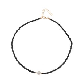 Beaded Pearl Choker Necklace Bohemian Black White Pearl Beaded Collar Necklace Jewelry for Women (Black)