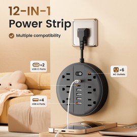Power Strip Surge Protector - Chiefway Outlet Extender with Multiple Outlets (6 AC Outlets, 4 USB Ports, 2 USB C) & One Button Control, Short Extension Cord for Home Room Dorm Essentials, Black