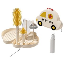 Percy’s Caravan 哺乳瓶ブラシセット 携帯用 乾燥ラック付き 車型ケース おしゃぶり洗浄 ストローブラシ付き ベビー旅行便利グッズ (ベージュ)