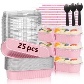 YQER YQER 25 Pack Mini Loaf Pans with Lids and Spoons Sealing Sticker, 6.8oz Mini Cake Pans for Baking, Disposable Mini Aluminum Foil Loaf Pans, Pink Mini Loaf Baking Pans, Small Cake Containers With Lids