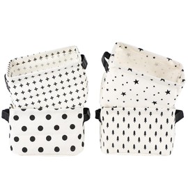 LessMo 4 Pack Storage Baskets, Collapsible Mini Storage Boxes, Canvas Fabric Waterproof Storage Bins made from Cotton and Linen, for Toys, Bathroom, Closets, Playroom (BLACK-SPOT, Thin/waterproof)