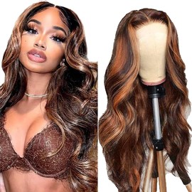 AiPliantfis Body Wave Human Hair Wig Brown Echthaar Perücke Damen 4X1 Lace Glueless Wig Wear and Go P430 Highlight Pre Plucked 150% Density Unprocessed Brazilian Remy Hair 24 Zoll