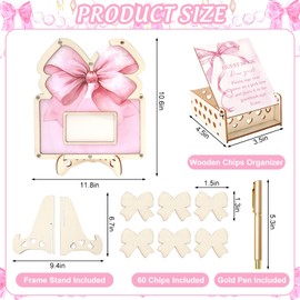 JarThenaAMCS 66Pcs Pink Bow Baby Shower Guest Book Alternative Set Guestbook with Wood Bowtie Slices Photo Frame Keepsake for Coquette Birthday