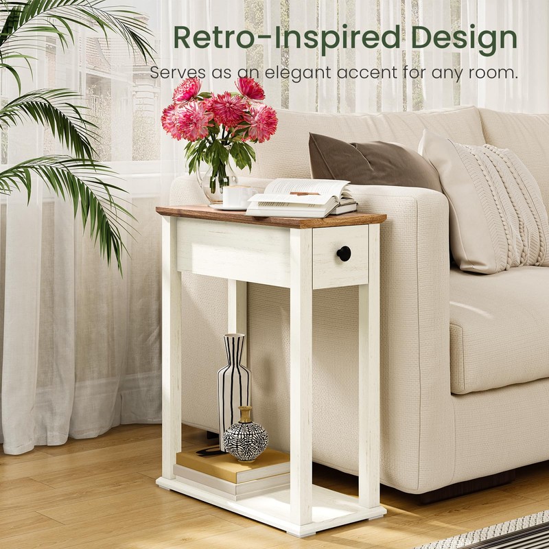 CHOEZON Farmhouse End Table, 2-Tier Narrow Side Table with Drawer,