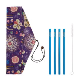 LAST STRAW Purple Patterned Roll Bag Collection – Navy Blue Stainless Steel Cocktail Straws and Brush