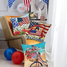 Tlovudori 4th of July Flag Bike Floral Pillow Covers Patriotic Memorial America Flag Independence Day Boot USA Truck Dog Throw Pillowcase for Home Decor Couch Cushion Case Cover,4Pcs,18"X18"