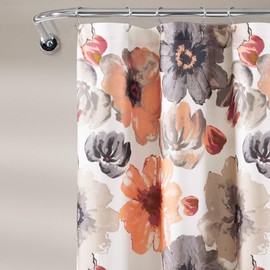 Lush Decor Leah Floral Shower Curtain, 72" W x 72" L, Coral & Gray - Fabric Shower Curtains - Watercolor Botanical Bathroom Curtain - Farmhouse & French Country Decor