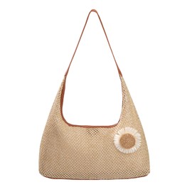 ZLLkeji Woven Tote Bag for Women Crochet Beach Bag for Summer Large Capacity Foldable Shoulder Bag for Picnic Beach Mesh Tote Bag, khaki