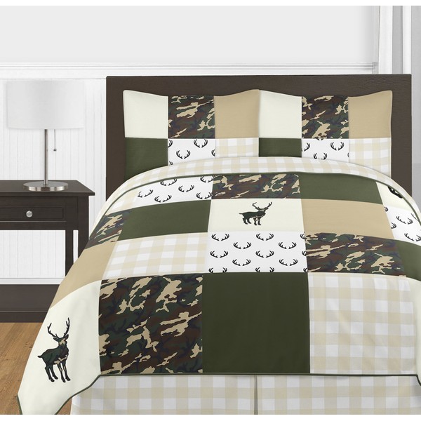 Sweet Jojo Designs Green and Beige Deer Buffalo Plaid Check Woodland Camo Boy Full/Queen Teen Childrens Bedding Comforter Set - 3 Pieces - Rustic Camouflage