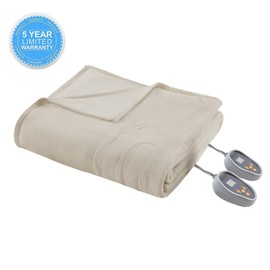Beautyrest Electric Ribbed MicroFleece Luxury Soft Blanket-Secure Comfort Technology-Two 20-Setting Heat Controllers for Bed or Couch, Queen, Beige