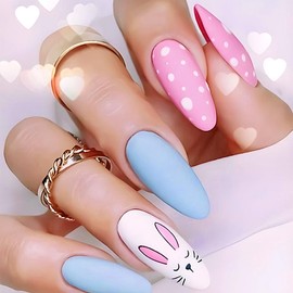 Easter Almond Press on Nails Medium Matte False Nail Kits with Cute Easter Bunny White Pink Blue Design Stick on Nails for Easter Gift Acrylic Fake Nails Sets for Women Girls 24pcs
