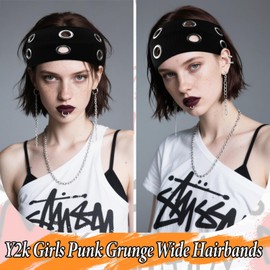 TUCEWP Y2k Hollow Out Eyelets Elastic Headband for Women Girls Punk Grunge Goth Wide Grommet Hairbands Adjustable Studded Headband Stretchy Metal Rock Hair Band Streetwear Casual Hair Accessories