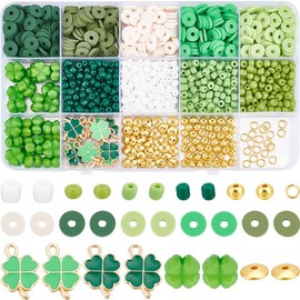 SUNNYCLUE 1 Box 1420Pcs St Patrick Day Craft Beads Kit Flat Round Green Polymer Clay Beads Heishi Disc Beads Opaque Glass Bead Shamrock Beads Enamel Four Leaf Clover Charms for Jewelry Making Kits