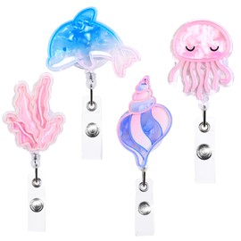 4 Pcs Nurse Badge Reels, Marine Animal Pink Cute Badge Reel Retractable with 360 Rotating Metal Alligator Clip for Nurses Teachers Students Workers Girls ID Cards (Colorful)