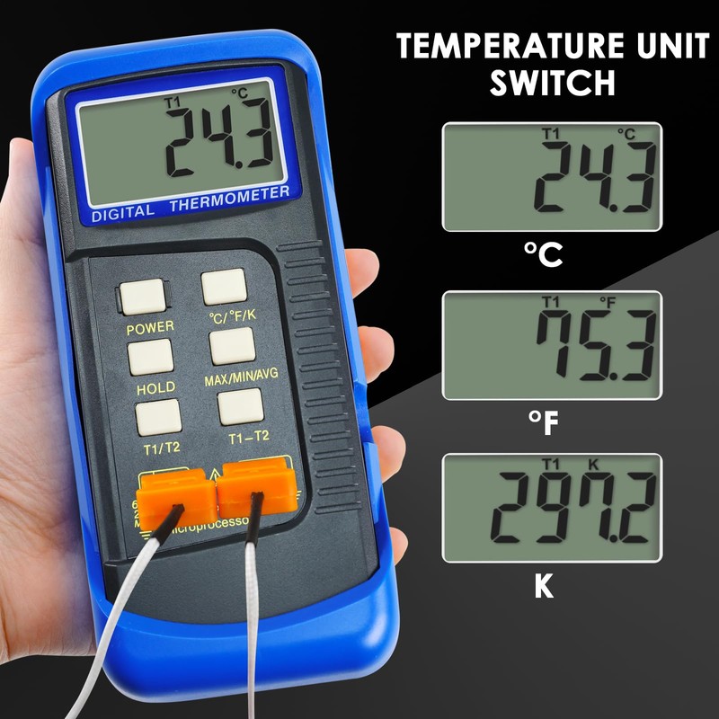 Handheld Digital K-Type Thermometer with Two Channels and Two Thermocouples,