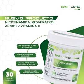 BDM LIFE NAD+ con Resveratrol 98%, Energía Celular y Antienvejecimiento Avanzado, Suplemento Antioxidante con Vitamina C, 60 capsulas