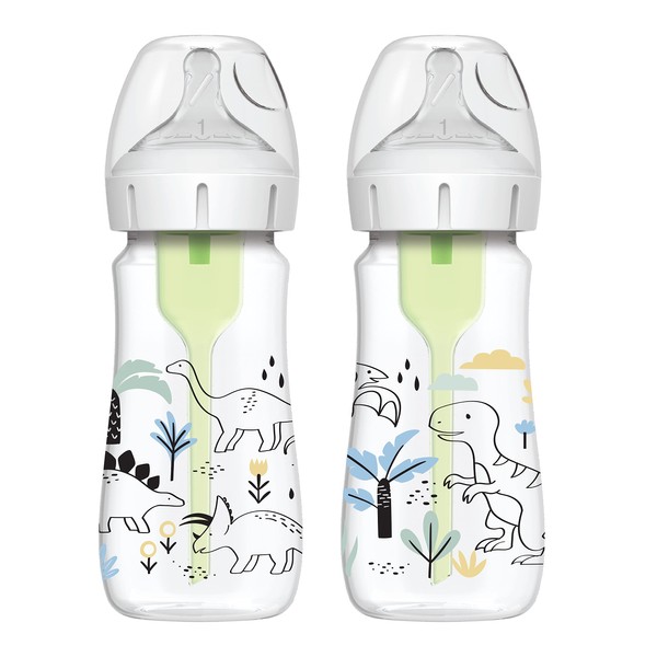 Dr. Brown’s Natural Flow Anti-Colic Options+ Wide-Neck Baby Bottle Designer Edition Bottles, Dinosaur Decos, 9oz/270ml, Level 1 Teat, 2-Pack, 0m+