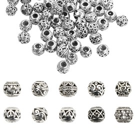 Emperoch 60 Pcs 10 Style Tibetan Beads, 10mm Antique Silver Alloy Beads, Hollow Rondelle Spacer Beads with Large Hole for DIY Buddhist Earring Bracelet Necklace Jewelry Making