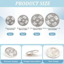 DELORIGIN 20pcs Vintage Metal Shank Buttons for Crafts, 4 Size Sewing Button, Flat Round Buttons for Clothing, Buttons Set for Blazer DIY Sewing Crafts Clothes Suits Uniform Jacket (Antique Silver)