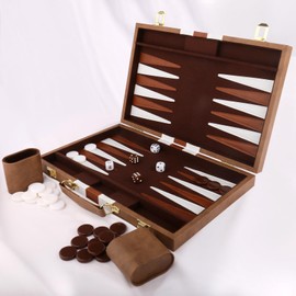 Backgammon Set - Classic Board Game with Premium Leather Case - Portable Travel Strategy Backgammon Game Set for Adults, Kids (11inch, Khaki)