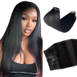 Seamless Clip in Hair Extensions Human Hair, Natural Black Hair Extensions Real Human Hair Clip ins Extensions 7pcs 100G 16 Inch, Ubetta Straight Remy Human Hair Extensions for Women