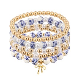 HJGPL 5 Pieces Multilayer Pearl Beaded Bow Bracelet Blue and White Porcelain Gold Silver Beads friendship bracelet set for women (Gold Bow)