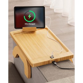 Couch Arm Table, Sofa Arm Tray with Type C Port & USB Port and 360° Rotating Phone Holder, Anti-Slip Couch Cup Holder Tray Clip on Sofa Table Armrest for Snacks, Drinks, Remote