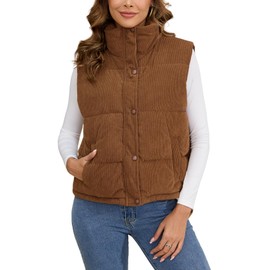 Gihuo Women's Corduroy Puffer Vest Stand Collar Zip Up Padded Vests Sleeveless Quilted Jackets Snap Gilet with Pockets(Brown-S)