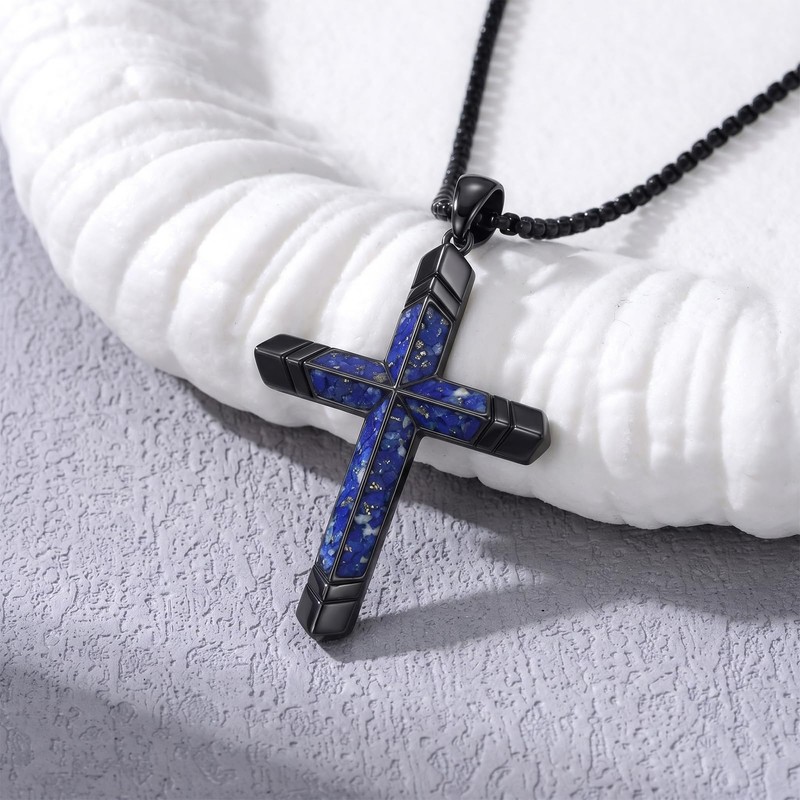 YYB Cross Necklace for Men Black Cross Lapis Lazuli Chain