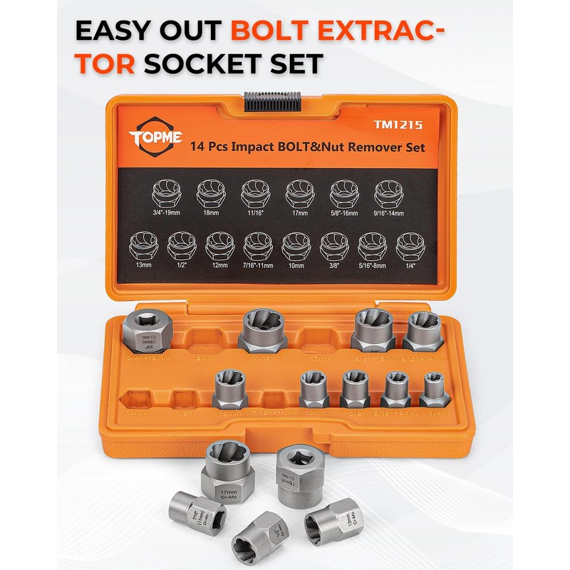 Topme Bolt Extractor Set, 14 Pieces Impact Bolt & Nut