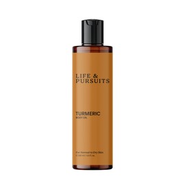 Life & Pursuits- Aceite corporal de cúrcuma de 6,8 onzas líquidas: aceite de masaje ayurvédico con vitamina E, aceite de coco, aceite de almendras y escualano