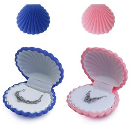 AdiStylinno 2 PCS Small Jewellery Boxes, Cute Shell-shaped Velvet Ring Earring Necklace Box for Women, Portable Travel Mini Jewelry Case Organizer for Wedding Proposal Valentine's day (2, Pink/Blue)