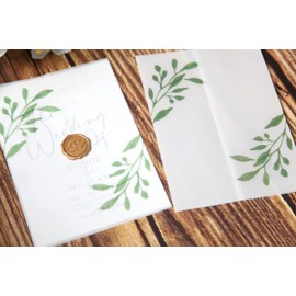 Puremigo Pack of 50 Eucalyptus Green Printed Pre-folded Parchment Envelopes for 5x7 Invitations - 105gsm Parchment Paper 5x7 Jackets - Parchment Paper Wedding Invitations Wraps -