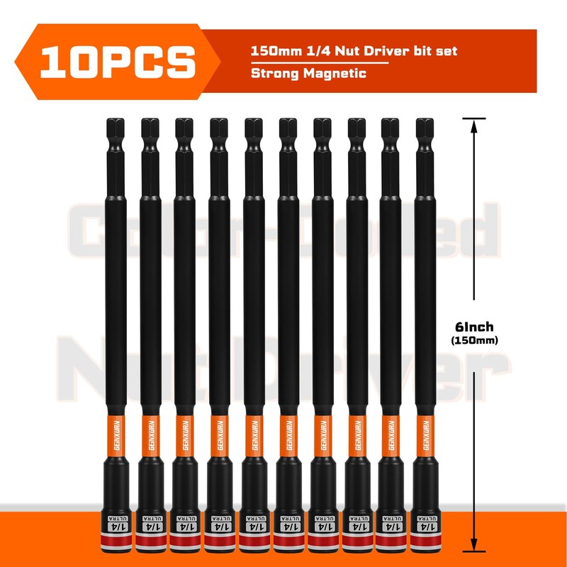 Geinxurn Impact Nut Driver Set, 10 Pieces 6”Long 1/4”6 Point
