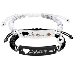 Uloveido Stainless Steel Magnetic Couple Identification Bracelet Set, Black Jade and White Turquoise Beads Heart Bracelet Removal Matching Bracelet for Valentine's Day, Stainless Steel