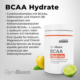 GymBeam GymBeam BCAA Pulver - Aminos?uren Pulver mit BCAA Hydrate, Elektrolyten & Vitamin B6, angereichert mit Kokosnusswasserpulver, unterst1tzt Muskelfunktion & Energiestoffwechsel (375 g, Zitrone Limette)