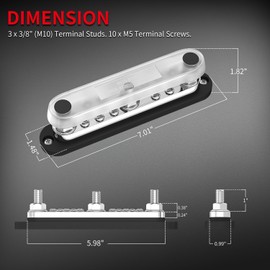 DAIERTEK 300A Copper Bus Bar 12V, Power Distribution Block with Cover 3 x 3/8” M10 Studs & 10 x M5 Terminal Screws for Car Marine Solar Battery Negative & Positve