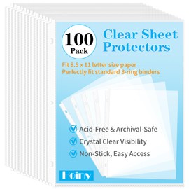 100 Pack Clear Sheet Protectors 8.5 x 11 Inch, Letter Size Page Protectors for 3 Ring Binder, Premium Polypropylene, Reinforced Holes, Acid Free, Top Loading for Documents, Paper, Photos