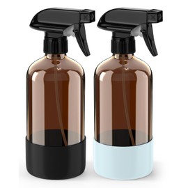 Bontip Glass Spray Bottle with Silicone Sleeve Protection, Amber Glass Spray Bottle Set for Non-toxic Window Cleaner Aromatherapy Facial Hydration Watering Flower Hair Care 2 Pack/16 oz (Black&Blue)