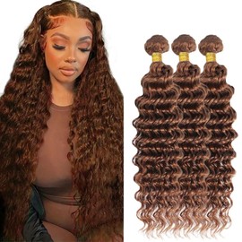 Light Brown Bundle Color #30 Deep Wave Human Hair Bundles Light Brown Pineapple Wave Bundles Human Hair Weave 18 18 18 Inch Color #30 Bundle