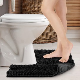 JARITTO Bathroom Rug Non-Slip Toilet Mat with Cut-Out Pedestal for Toilet Pedestal Mat Washable Bath Mat Microfibre Absorbent - U-Shaped 51 x 51 cm (Black)