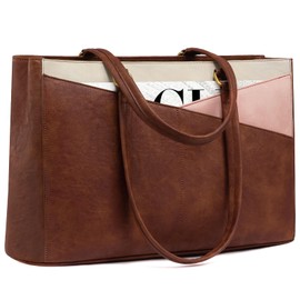 LOVEVOOK Laptop Bag for Women, 15.6 inch Leather Laptop Tote Work Teacher Bags Computer Shoulder Bag,Brown/White/Pink