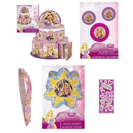 Rapunzel Tangled Princess Birthday Party Supplies Bundle Pack includes Favor Boxes Centerpiece, Hanging Fans, Hanging Decoration, Birthday Sash (4 Items)